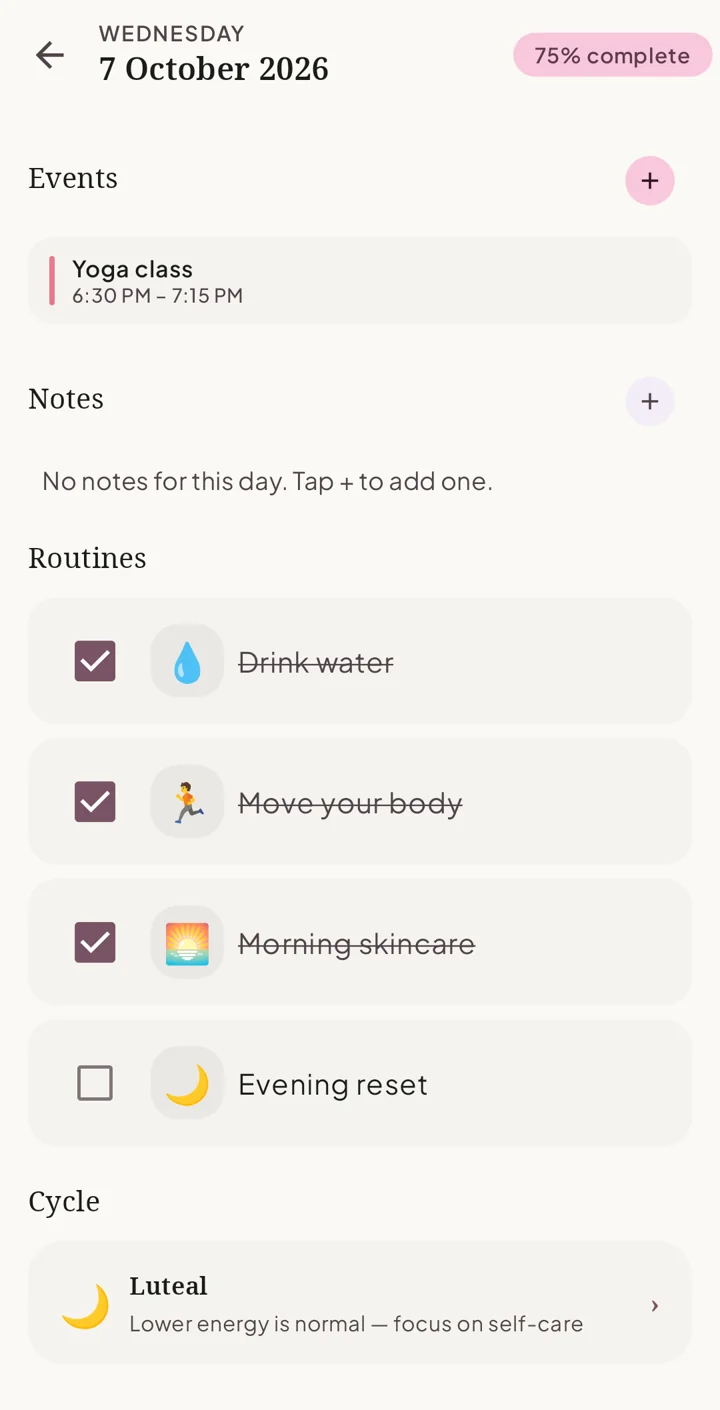 Siela Day detail with a sample event and routine; the notes area has no note for this date