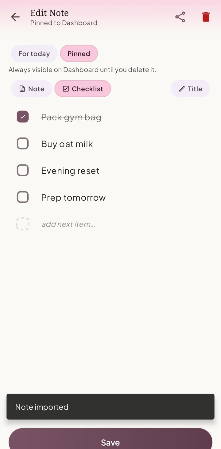 Siela note editor showing the Note imported confirmation for a sample checklist