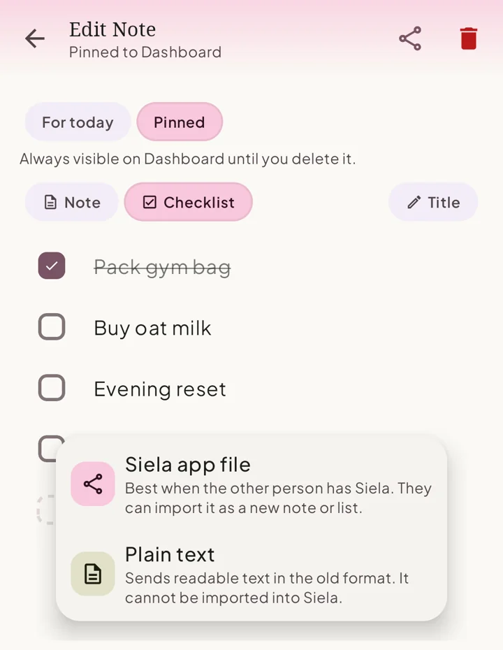 Siela share chooser showing Siela app file and Plain text
