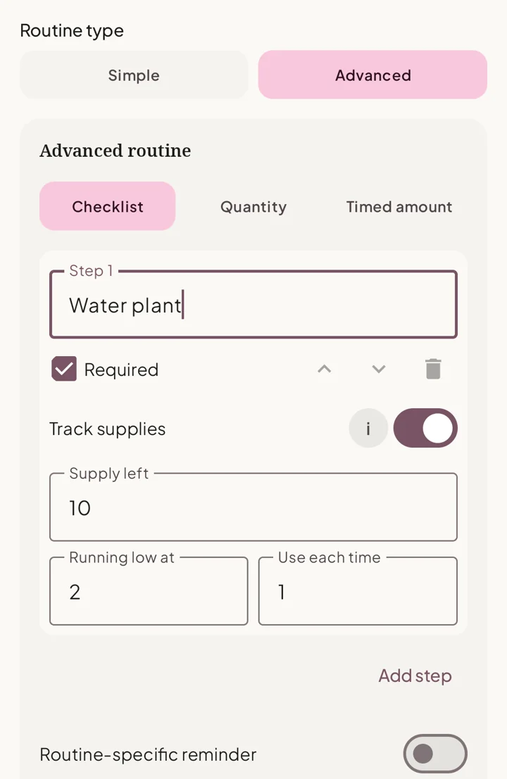 Plant-care Advanced Checklist routine editor showing optional supply and low-threshold fields